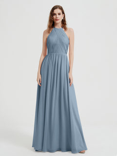 Halter Chiffon Dresses with Pleated Bodice Dusty Blue