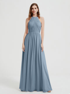 Halter Chiffon Dresses with Pleated Bodice Dusty Blue Plus Size