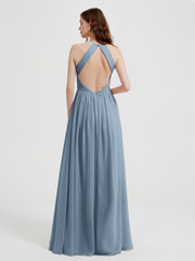 Halter Chiffon Dresses with Pleated Bodice Dusty Blue