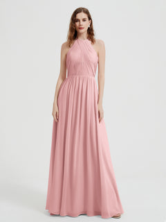 Halter Chiffon Dresses with Pleated Bodice Dusty Rose Plus Size