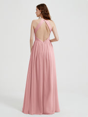 Halter Chiffon Dresses with Pleated Bodice Dusty Rose Plus Size