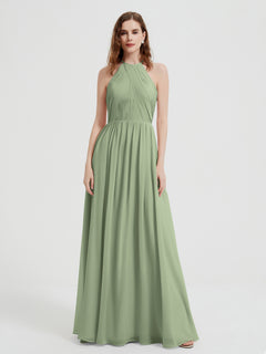 Halter Chiffon Dresses with Pleated Bodice Dusty Sage