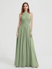 Halter Chiffon Dresses with Pleated Bodice Dusty Sage Plus Size