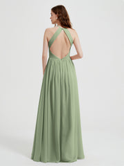 Halter Chiffon Dresses with Pleated Bodice Dusty Sage