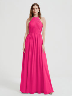 Halter Chiffon Dresses with Pleated Bodice Fuchsia Plus Size