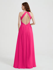 Halter Chiffon Dresses with Pleated Bodice Fuchsia Plus Size