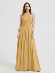 Halter Chiffon Dresses with Pleated Bodice Gold
