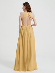 Halter Chiffon Dresses with Pleated Bodice Gold Plus Size