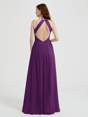 Halter Chiffon Dresses with Pleated Bodice Grape Plus Size
