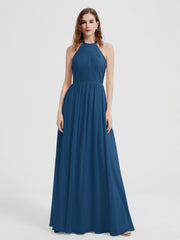 Halter Chiffon Dresses with Pleated Bodice Ink Blue