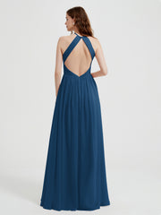 Halter Chiffon Dresses with Pleated Bodice Ink Blue