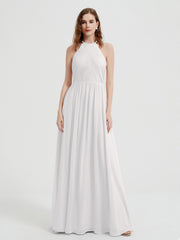 Halter Chiffon Dresses with Pleated Bodice Ivory