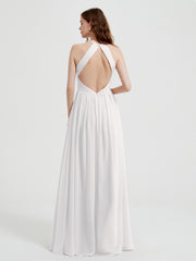 Halter Chiffon Dresses with Pleated Bodice Ivory