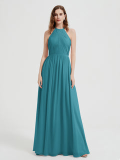 Halter Chiffon Dresses with Pleated Bodice Jade