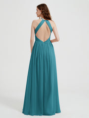 Halter Chiffon Dresses with Pleated Bodice Jade