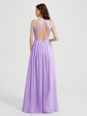 Halter Chiffon Dresses with Pleated Bodice Lilac