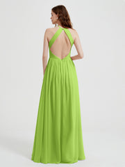 Halter Chiffon Dresses with Pleated Bodice Lime Green Plus Size