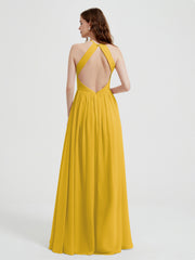 Halter Chiffon Dresses with Pleated Bodice Marigold