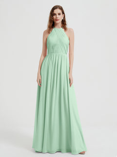 Halter Chiffon Dresses with Pleated Bodice Mint Green