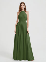 Halter Chiffon Dresses with Pleated Bodice Moss