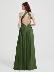 Halter Chiffon Dresses with Pleated Bodice Moss