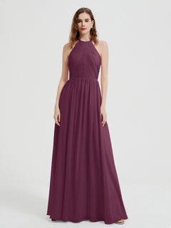 Halter Chiffon Dresses with Pleated Bodice Mulberry