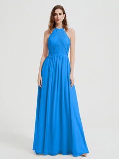 Halter Chiffon Dresses with Pleated Bodice Ocean Blue