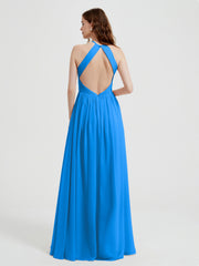 Halter Chiffon Dresses with Pleated Bodice Ocean Blue