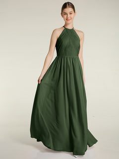 Halter Chiffon Dresses with Pleated Bodice Olive Green