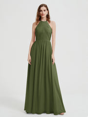 Halter Chiffon Dresses with Pleated Bodice Olive Green Plus Size