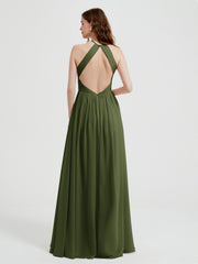 Halter Chiffon Dresses with Pleated Bodice Olive Green Plus Size