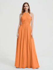 Halter Chiffon Dresses with Pleated Bodice Orange