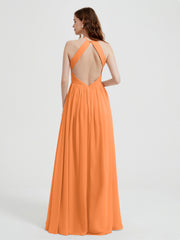 Halter Chiffon Dresses with Pleated Bodice Orange