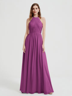 Halter Chiffon Dresses with Pleated Bodice Orchid