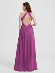 Halter Chiffon Dresses with Pleated Bodice Orchid