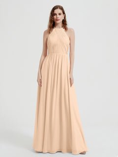 Halter Chiffon Dresses with Pleated Bodice Peach