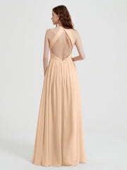 Halter Chiffon Dresses with Pleated Bodice Peach