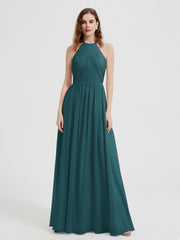Halter Chiffon Dresses with Pleated Bodice Peacock