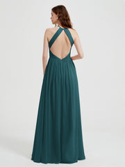 Halter Chiffon Dresses with Pleated Bodice Peacock