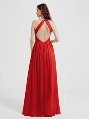 Halter Chiffon Dresses with Pleated Bodice Red