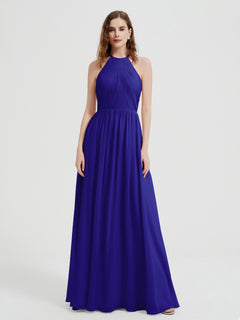 Halter Chiffon Dresses with Pleated Bodice Royal Blue Plus Size