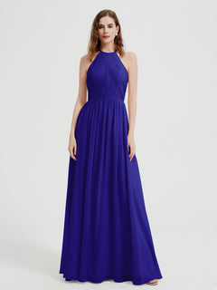 Halter Chiffon Dresses with Pleated Bodice Royal Blue