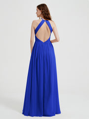 Halter Chiffon Dresses with Pleated Bodice Royal Blue
