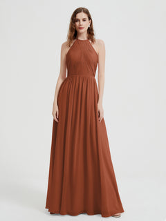 Halter Chiffon Dresses with Pleated Bodice Rust
