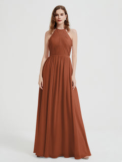 Halter Chiffon Dresses with Pleated Bodice Rust Plus Size