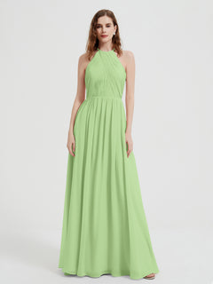 Halter Chiffon Dresses with Pleated Bodice Sage