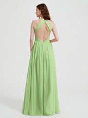 Halter Chiffon Dresses with Pleated Bodice Sage