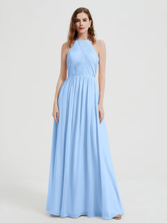 Halter Chiffon Dresses with Pleated Bodice Sky Blue