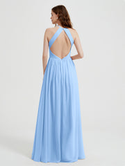 Halter Chiffon Dresses with Pleated Bodice Sky Blue