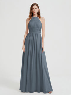 Halter Chiffon Dresses with Pleated Bodice Slate Blue